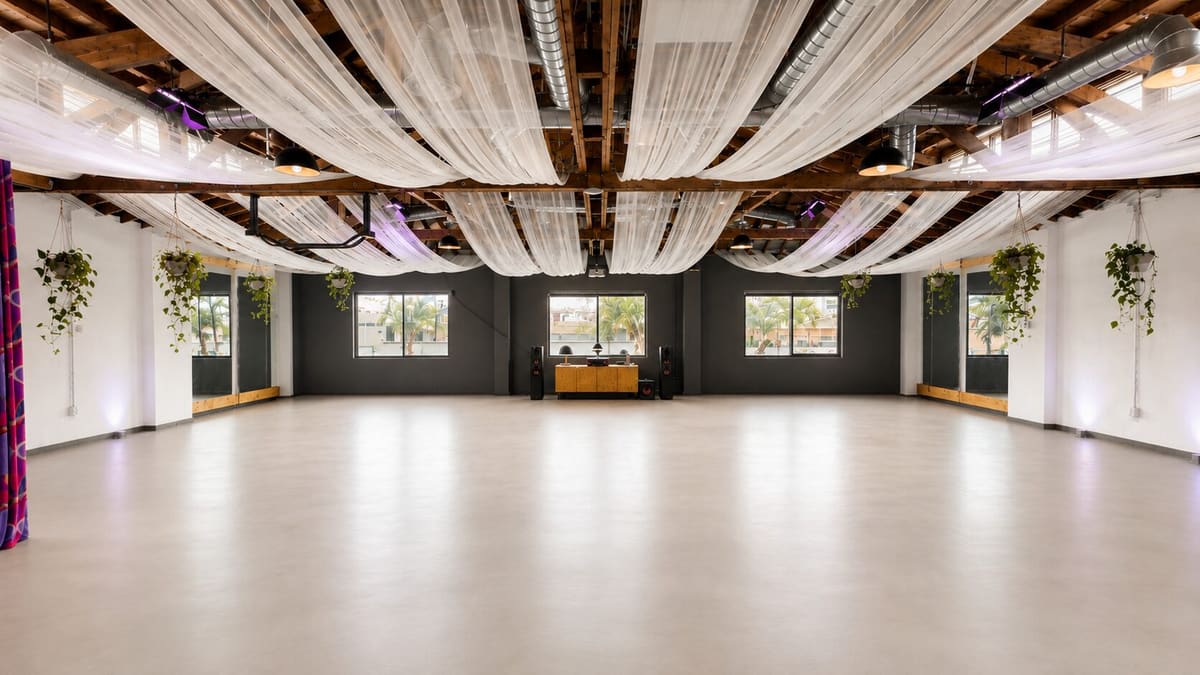 Large open room with a pale seamless floor, white fabric draped across exposed wood ceiling beams, hanging plants and three windows